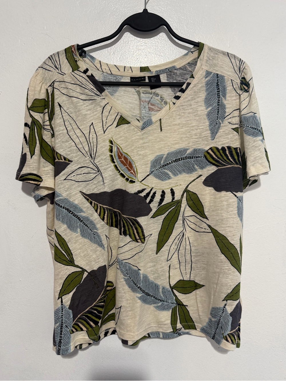 Tahari Linen Lyocell Botanical Print V-Neck Top Size L